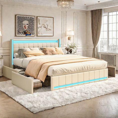 Tanant – Lit double 160x200 cm avec 4 tiroirs de rangement – Tête de lit avec éclairage LED et ports USB – Lin beige pour adolescents et adultes (1/5)