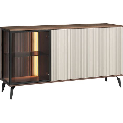 Buffet 3 portes avec LEDs en MDF et verre fumé - Beige et Naturel foncé - JANEYA (1/4)