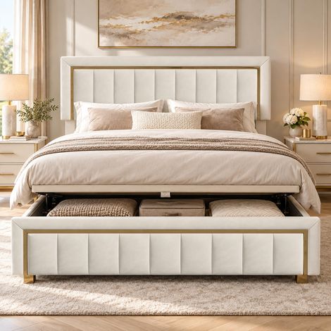 Lit Coffre 160x200, Lit 2 Places Capitonnée avec Coffre de Rangement Hydraulique et Sommier à Lattes, Tête de Lits Rembourré, Lits 2 Personnes avec Rangement pour Adultes et Ado, Velours (1/5)