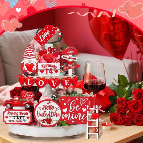 Set Decoration Tableau Étagère - Ornement Cœur Bois - Rouge Blanc - Pour Décoration Mariage Fête Saint-Valentin - 15 Pièces (1/5)