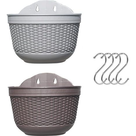 2 Pack Plastic Hanging Planters Outdoor Flower Pot Plant Stand Balcony Fence Wall Mount Planters Fence Planters with Drainage and 4 Hooks (1/5)
