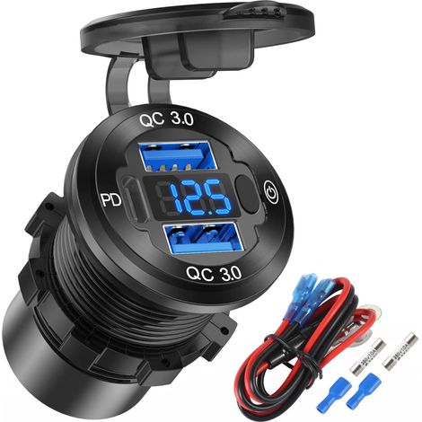Prise USB 12V Chargeur Voiture multiport en Aluminium Double Port U-S-B QC 3.0 et Prise PD USB-C avec Interrupteur Voltmètre pour Voiture, Bateau, Camion, Charge Rapide pour 15, ect. (1/5)