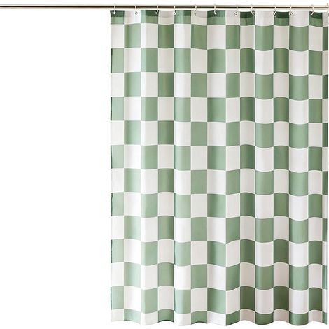 180 x 180 cm - Lavable a máquina - Cortina de ducha - Estampado de tablero de ajedrez - Verde y blanco - Repelente al agua - Poliéster grueso de 120 g/m² (1/5)