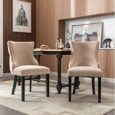 Chaise de salle à manger beige en velours avec structure en bois massif, 50 x 41 x 91 cm (1/5)