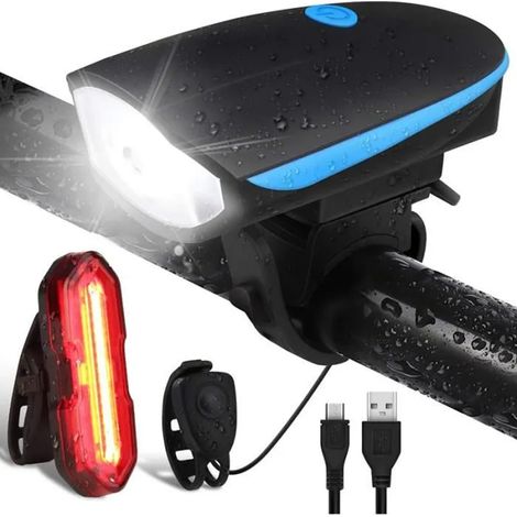 juego de luces para bicicleta, luz delantera LED de 3 modos, luz trasera de 5 modos, recargable por USB, bocina de 120 dB, para ciclismo. (1/5)