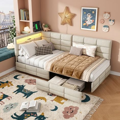 Canapé Lit 90x200 cm avec Éclairage LED et Prise USB, Cadre de Lit simple avec Rangement et 2 Tiroirs, Lit Capitonné avec sommier à Lattes en Bois, pour Enfant/Adulte, sans Matelas, Lin, Bege (1/5)