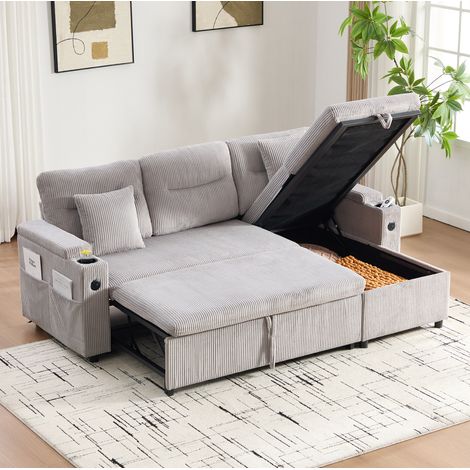 Divano letto a 3 posti 212.5x136x86 cm, con chaise longue, contenitore, USB-C, corduroy grigio chiaro (1/5)