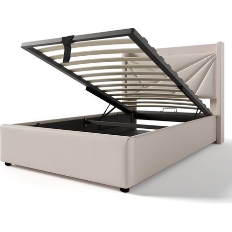 Stauraumbett 90 x 200 cm, Einzelbett mit USB, Typ-C und Gepolstertem Kopfteil, ohne Matratze, Beige (1/5)