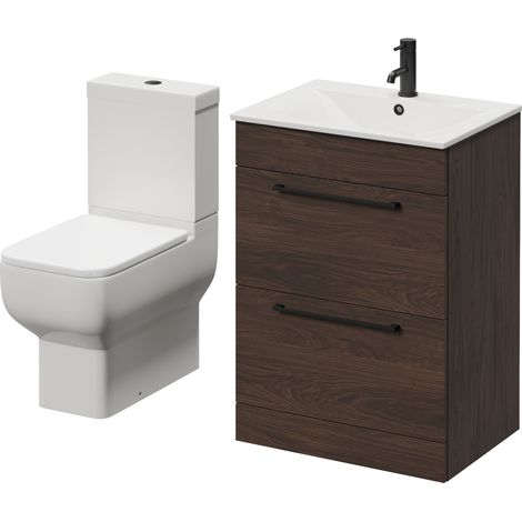 Napoli 460 Brown Oak 600mm 2 Drawer Vanity Unit and Tacoma Comfort Height Toilet Suite with Angel Basin - 600mm - Matt Black 320mm Handle
