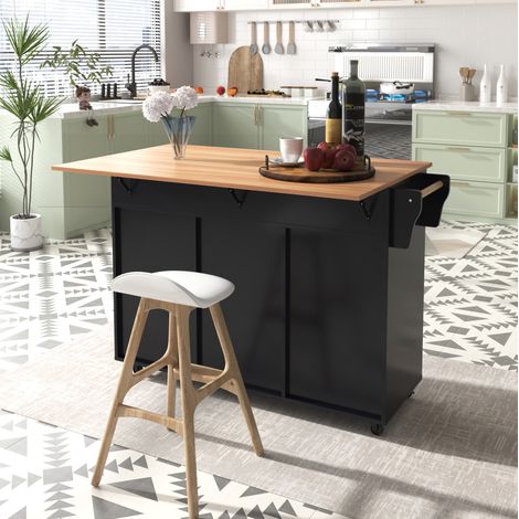 meuble rangement cuisine mobile 129 cm bois noir naturel OKMYHOME (1/5)