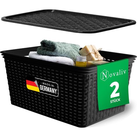 Novaliv lot de 2 paniers de rangement élégants avec couvercles aspect rotin Plastique alimentaire noir 14L Parfait pour la salle de bain et le