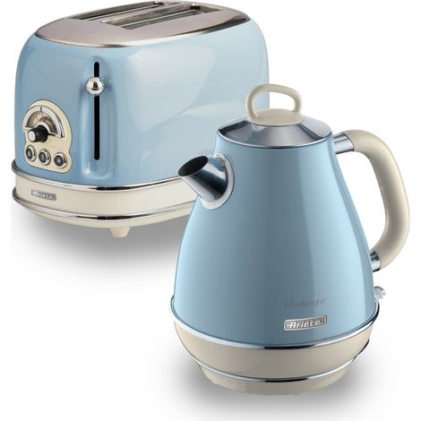 Ariete ARPK3 Retro Style Jug Kettle and 2 Slice Toaster Set, Vintage Design, Blue