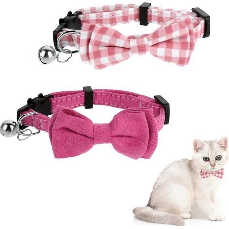 Set mit 2 Katzenhalsbändern mit hübscher, abnehmbarer Schleife und Glöckchen, verstellbares Halsband für Katzen und Kätzchen (rosa)
