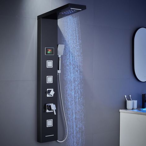 Panneau de douche avec mitigeur, colonne de douche 5 fonctions avec affichage LED de la température, pluie et cascade, jets de massage, douchette à main et bec de bain, panneau de (1/5)