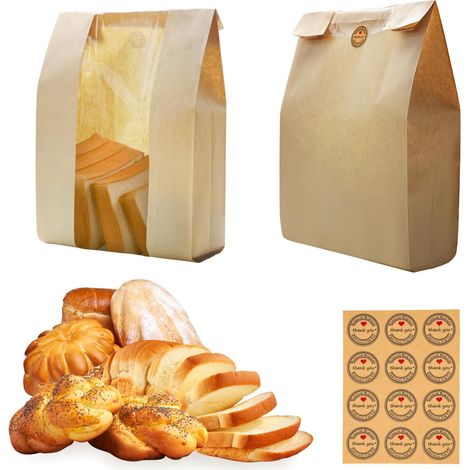 Sachet Papier Kraft Alimentaire Grand Sac À Pain Conservation En Papier Avec Fenêtre Lot De 100 Pcs Pour Pain Maison Levain Biscuits Avec Autocollants De Remerciement (1/5)