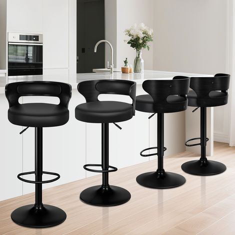 ALFORDSON 4 x Comfy Bar stools PU Leather, 360 Degree Swivel Wooden Kitchen Chair, All Black