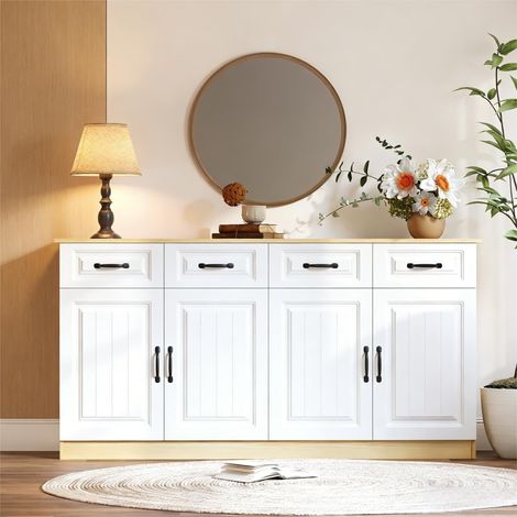 Buffet blanc et bois naturel MDF 160x35x80, 4 tiroirs 4 portes 2 étagères rainuré poignées métal grand rangement salon chambre cuisine (1/5)