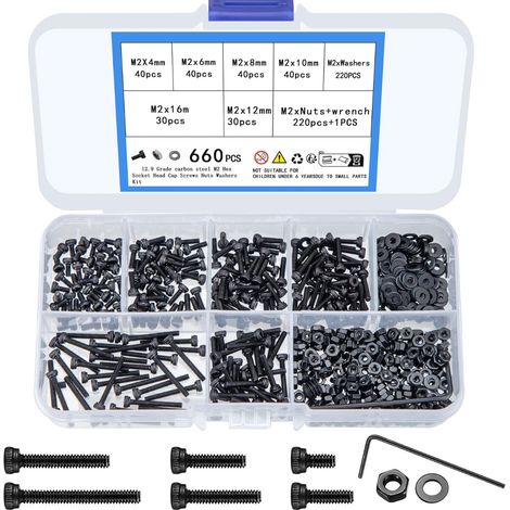 Kit Vis M2 - Vis à Tête Hexagonale et Vis à Six Pans Creux - Écrous et Rondelles Assortis - 660 Pièces - Pour Mécanique Auto Moto Bricolage (1/5)