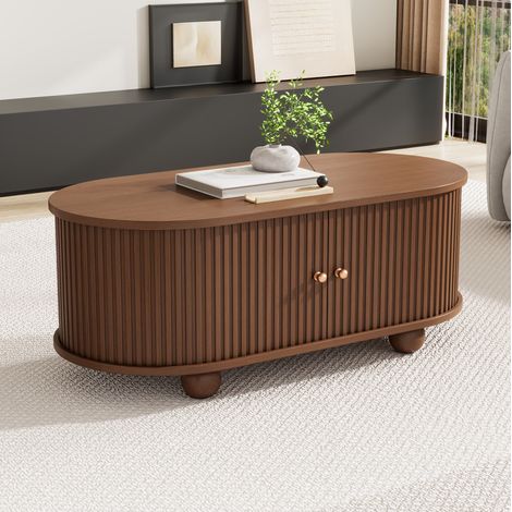 100 50 40 cm Nussbaum Couchtisch mit Stauraum und Schiebetüren platzsparendes Multifunktionsmöbel in Holzfarben,Sofatisch mit 360 Grad Schiebetür,kaffeetisch mit 4 Beinen (1/5)
