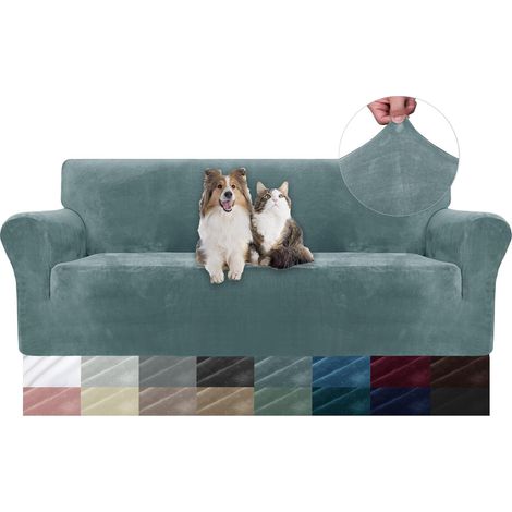 1 Housse de canapé, Velours, Extensible, 3 places, Antidérapant, Protection animaux, Lavable, Bleu gris (1/5)