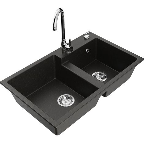 Mexen Tomas Granitspüle 2-becken mit Küchenarmatur Telma, schwarz/gold Metallic - 6516-75-670200-00 (1/5)