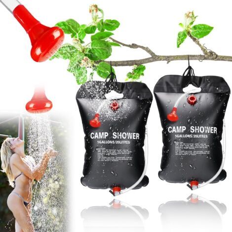 Nazalus-Vente Lot de 2 sacs de douche solaires de 20 l - Sac de douche solaire portable - Chauffage mobile - Sac de douche pour extérieur, camping, randonnée - Avec pommeau de douche, tuyau et corde (1/5)