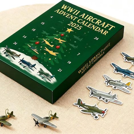 Calendrier de l'Avent 2025 avec avions de la Seconde Guerre mondiale – 24 jours. Contient 24 vignettes d'avions de chasse. Peut servir de décoration pour le sapin de Noël. (1/5)