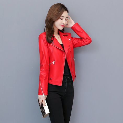 Blouson moto femme cuir véritable peau de mouton 2024 automne printemps coupe courte ajustée veste en cuir fine (1/5)