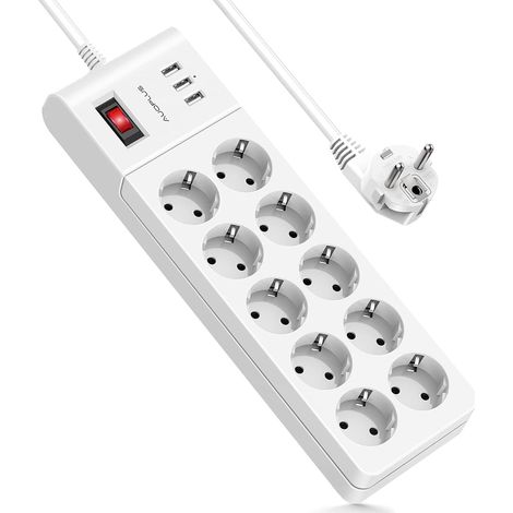 Bloc Multiprise USB 10 Prises 3 Ports USB 3.1A, Interrupteur, Cordon de 2m, 4000W/16A, Maison, Bureau, Smartphone (1/5)