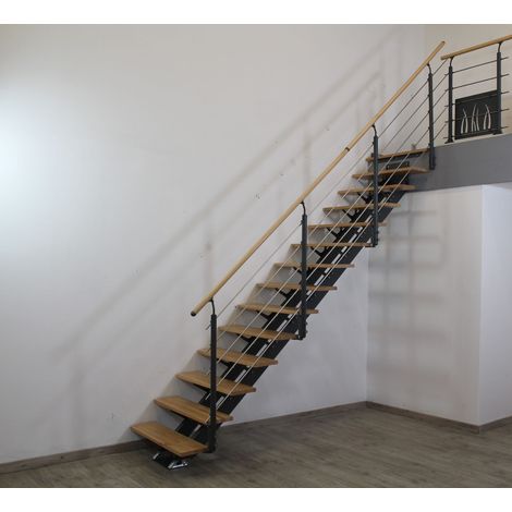Escalier Droit Métal et Bois Anthracite 14 Marches Hêtre Verni Twin France (1/5)