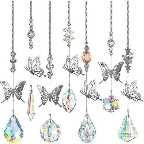 Lot de 7 attrape-soleil papillon en cristal, perles colorées, lustre, pendentif mural, décoration prismatique pour arbre ou fenêtre. (1/5)