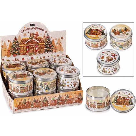 Candele di Natale profumate in scatola di metallo con decori pan zenzero, in espositore da 12 pezzi, set da 12 pezzi, Ø 7,5 cm x 5 H