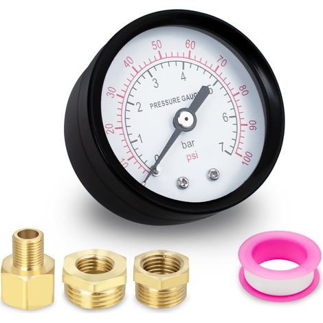 1 x 50mm BSP 1/4" 0-7 Bar 0100 PSI Well Pump Pressure Gauge with 2 Sleeves and 1 Hex Threaded Fitting, Reduce Polytetrafluoroethylene Tape, Axial (1/5)