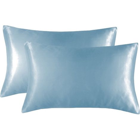Ensemble de deux taies d'oreiller en soie glacée, avec une fermeture éclair invisible, douces pour les cheveux, souples et lisses, au toucher soyeux, 50 x 70 cm, bleues. (1/5)