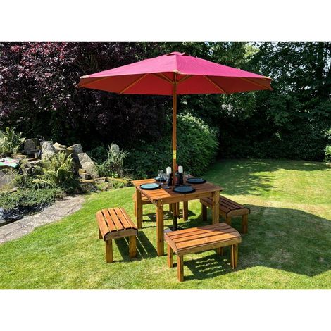 Knights Four Seater Garden Furniture Table Set - L160 x W170 x H80 cm - Burgundy Parasol Included - Fully Assembled