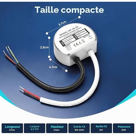 Transformateur LED 24V 20W, IP67 LED Transfo 0.83A, Rond Ø57mm, Alimentation avec 2 Connecteurs pour Ruban, Spots, Éclairage (1/4)