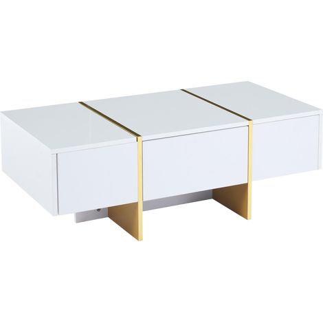Mesa de centro moderna de alto brillo de 100 x 50 x 35 cm, mesa de almacenamiento blanca con 4 cajones, capacidad de 40 kg, ideal para comedor, sala de estar, estudio y dormitorio. (1/5)