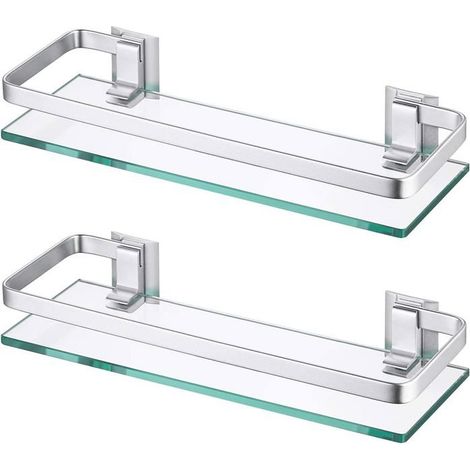 2 étagères salle de bain verre trempé, aluminium argent sablé, 35 x 12 cm, résistantes humidité, pour cuisine et salle de bain (1/5)