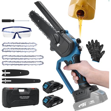 450W 12m/s Mini Tronçonneuse Sans Balais Compatible Makita 18V(Sans Batterie) Lubrification Automatique 6&8 Pouces et 4 Chaînes Élagueuse Sans Fil Scie à Chaîne Légère 1,2kg avec Verrou pour Jardin Bo (1/5)