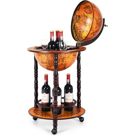 Mappamondo bar vintage in legno di eucalipto 47 x 47 x 90 cm pratico spazio di archiviazione elegante stile retro in legno marrone 200020821