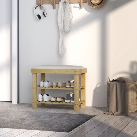 Banc à chaussures en bambou avec assise et rangement, 60 x 29 x 49 cm, blanc crème (1/5)