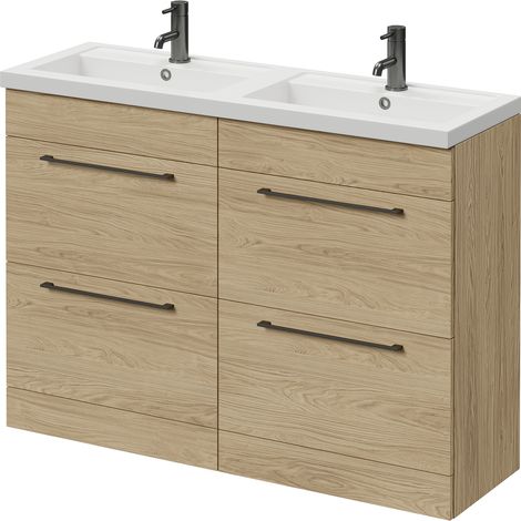 Napoli 390 Light Oak 1200mm 4 Drawer Vanity Unit with Double Lucia Basins - 1200mm - Gunmetal Grey 320mm Handle