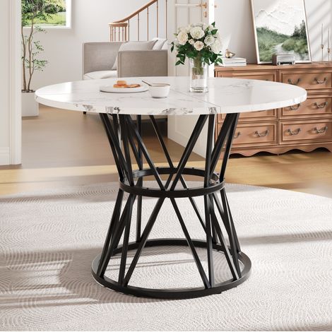 Mesa de comedor redonda 100x100x76 cm negra en MDF con efecto mármol y patas metálicas ajustables (1/5)