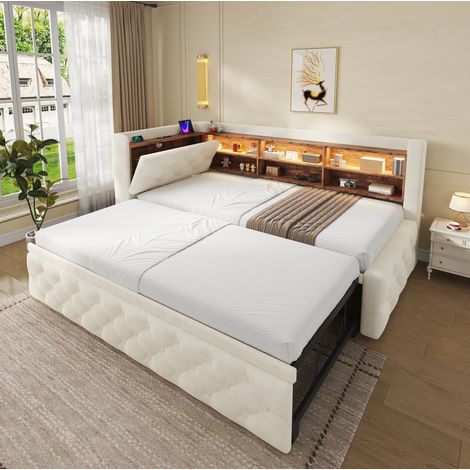 Ausziehbares Schlafsofa 90 x 190 cm mit Stauraum, LED, USB-C, Samtbezug Beige OKMYHOME (1/5)