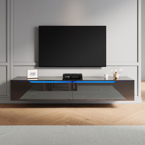 ELEGANT TV Stand Modern High Gloss with LED Light and Separate Storage Compartment, Handle-Free Design, Wall-Mounted/Floor Standing, Black, 1800x350x300mm (1/5)
