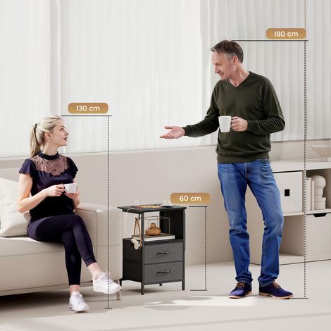 Table d'appoint avec station de recharge, cadre en acier, ports USB-C, tiroirs, crochets, 40x30x60 cm, noir (1/4)