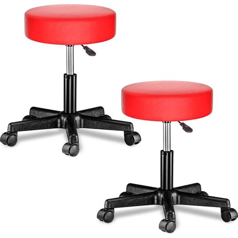 CASARIA® Taburete con ruedas altura regulable 46-60cm acolchado 10cm 360° Ø35cm Set de 2 pzs Rojo