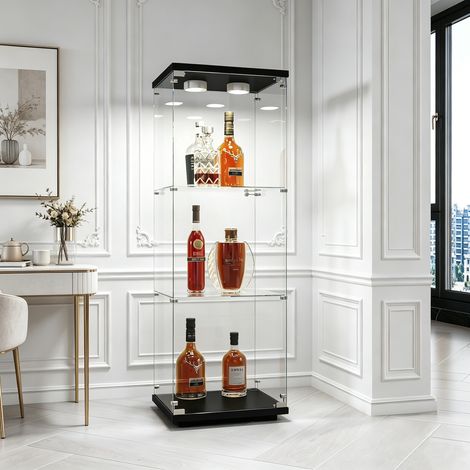 Vitrine en Verre avec LED Réglable, Vitrine Colonne à 3 Étagères, Porte simple avec serrure, Dimensions 42x36x125 cm, Armoire de Présentation pour Collection, Bouteilles, Figurines