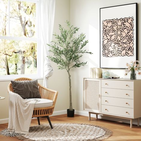 Grand olivier artificiel, 180 cm, plante artificielle, olivier artificiel en plastique en pot, arbre artificiel avec ciment, mousse artificielle pour salon, chambre, décoration, bureau (1/4)