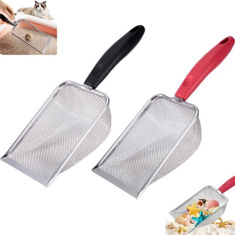 2 piezas, Pala para arena de gato mejorada, Rojo + negro, Pala para arena de gato de acero inoxidable, Pala para arena apta para niños con filtro (1/5)